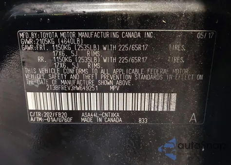 2017 Toyota Rav4 Le из США, поврежденный, VIN 2T3BFREV3HW649251